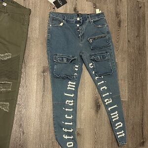 Boohoo Mens Blue Skinny Jeans with Bold Lettering